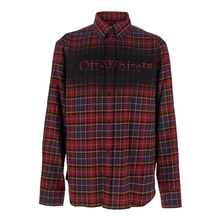 Off-White Bordeaux Shirt With Maxi Logo Lettering On The Front And All-over Check Motif In Wool Man