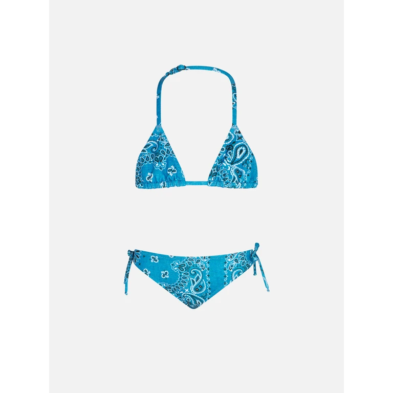 Mc2 Saint Barth Girl Triangle Bikini With Denim Bandanna Print Sky