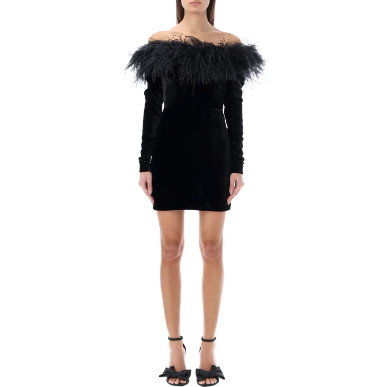 Alessandra Rich Feathers Trim Velvet Mini Dress