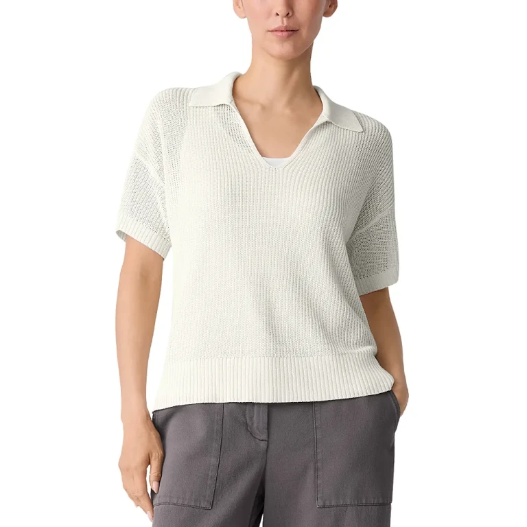 Eileen Fisher Cotton & Silk Split Neck Sweater