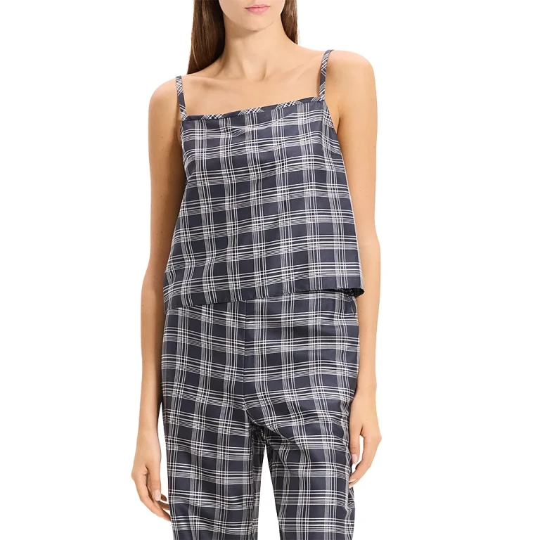 Theory Bind Strap Plaid Silk Top