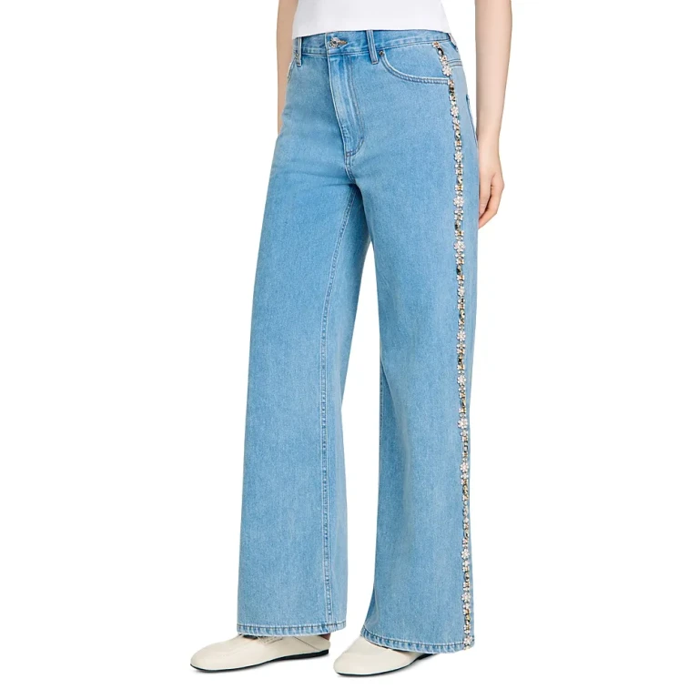 Sandro Calix Rhinestone Trim High Rise Wide Leg Jeans in Blue Jean