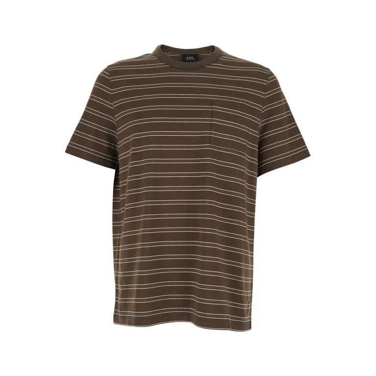 A. P.C. Brown Crew Neck T-shirt With Striped Motif And Logo On Front In Cotton For Men