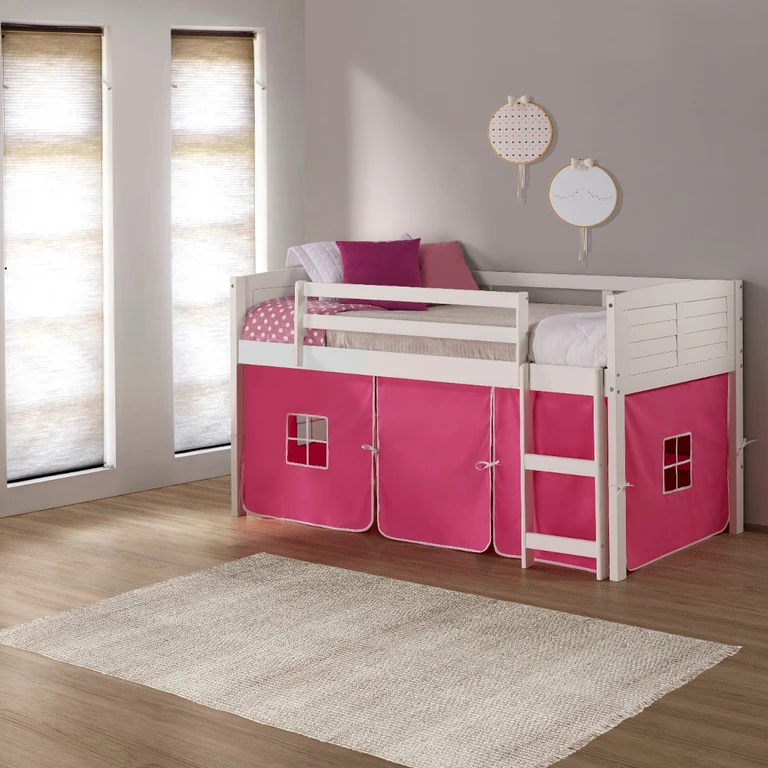 Louver White Twin Loft Bed with Pink Tent