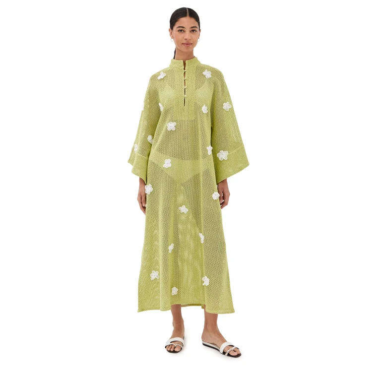 La Vie Style House 3D Flower Knit Maxi Caftan Green One Size