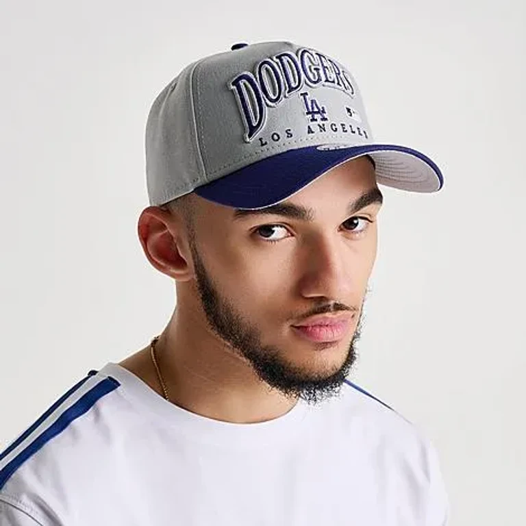 New Era Los Angeles Dodgers MLB 9FORTY Embroidery Wordmark A-Frame Snapback Hat in Grey/Royal
