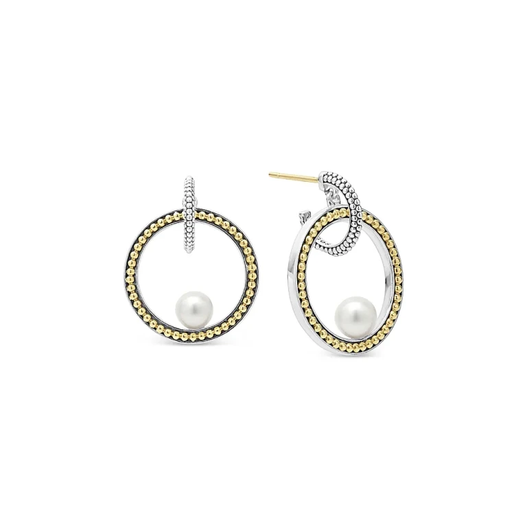 Lagos 18K Yellow Gold & Sterling Silver Luna Cultured Freshwater Pearl Interlocking Drop Hoop Earrings