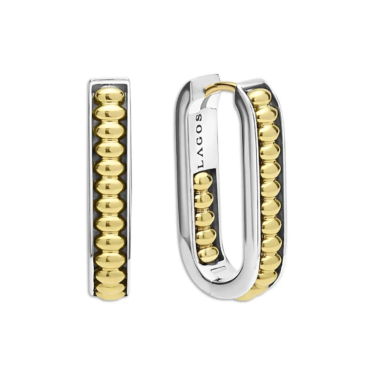 Lagos 18K Yellow Gold & Sterling Silver Signature Caviar Diamond Oval Hoop Earrings