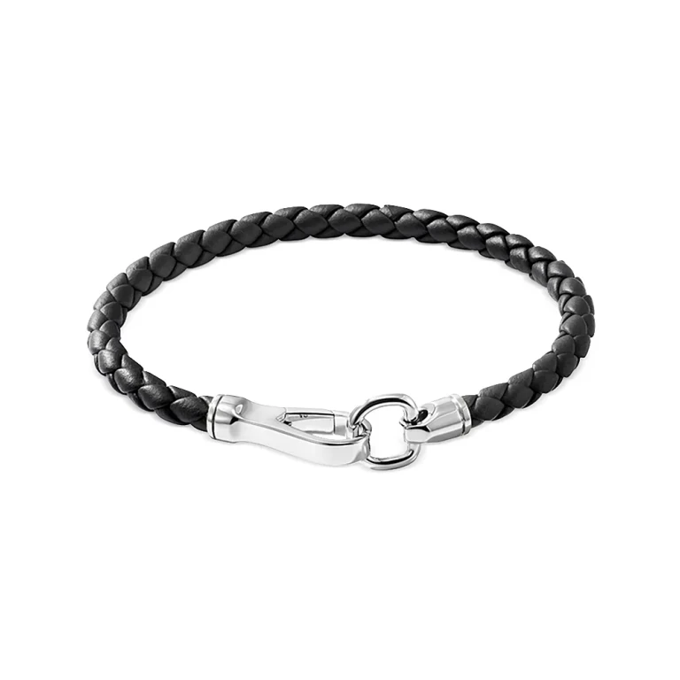 John Hardy Men's Silver Woven Leather Hook Clasp Bracelet