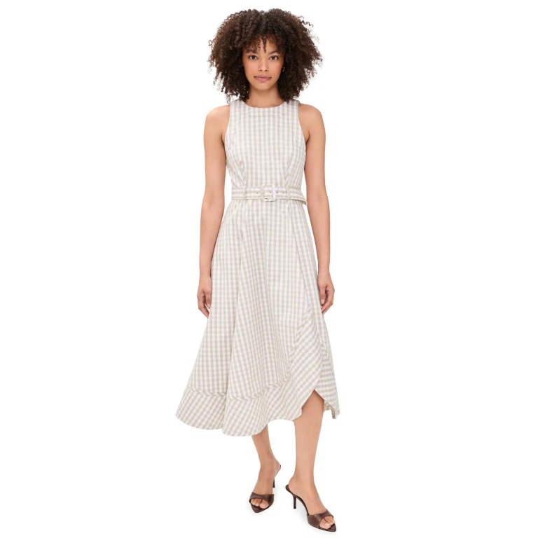 Cinq à Sept Zelda Gingham Denim Midi Dress Khaki/White 16