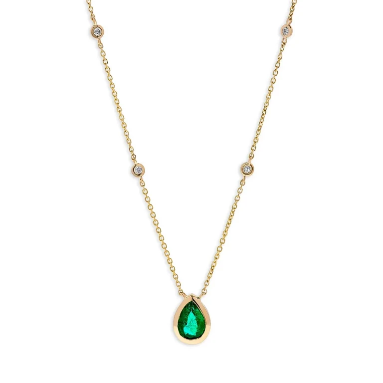 Emerald & Diamond Pear Shaped Pendant Necklace in 14K Yellow Gold