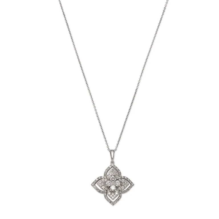 Diamond Flower Pendant Necklace in 14K White Gold, 1.50 tcw