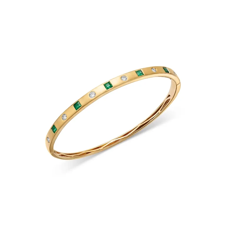 Emerald & Diamond Bangle Bracelet in 14K Yellow Gold