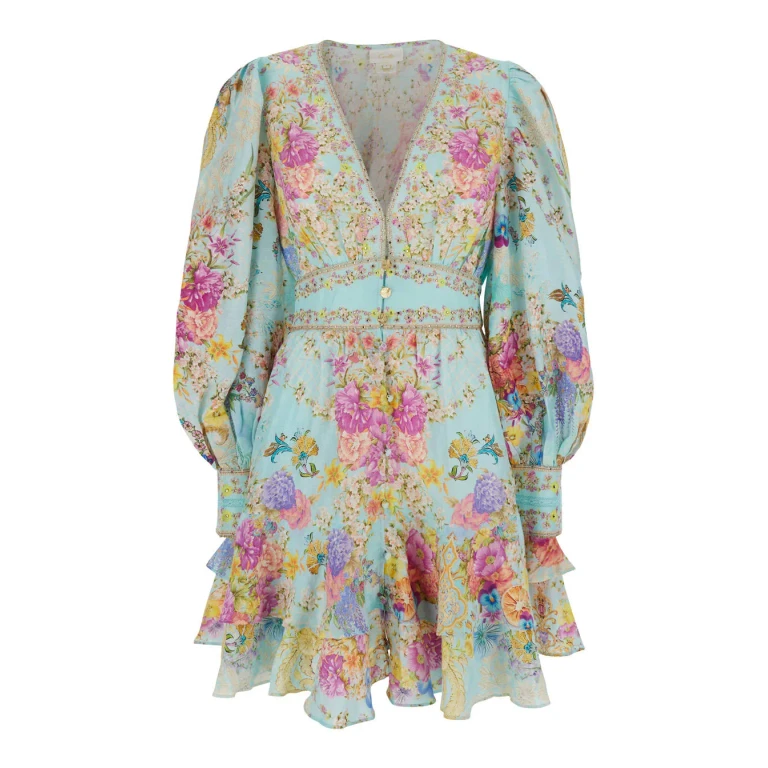 Camilla Multicolor Dress With Long Balloon Sleeves And All-over Floral Print In Linen Blend For Women