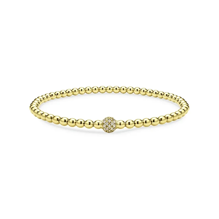 Lagos 18K Yellow Gold Caviar Diamond Pave Ball Stretch Bracelet