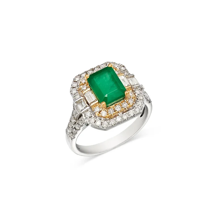 Emerald & Diamond Ring in 14K White & Yellow Gold