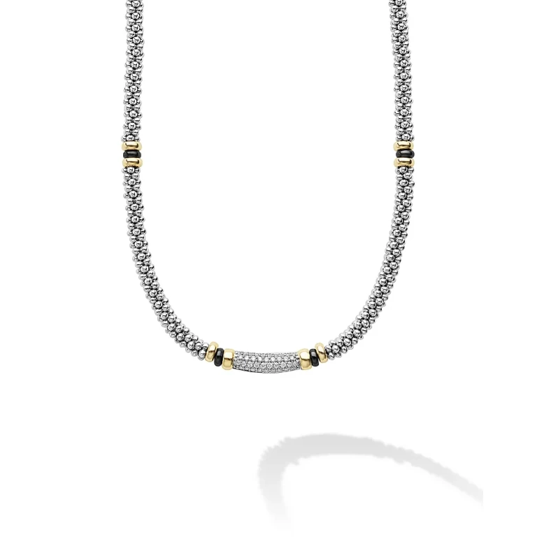 Lagos 18K Yellow Gold & Sterling Silver Black Caviar Diamond & Black Ceramic Collar Necklace, 16