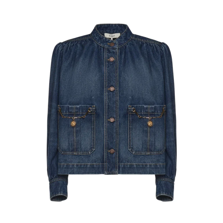 Chloé Blue Jacket With High Neck And Chain Detail On The Front In Denim Woman