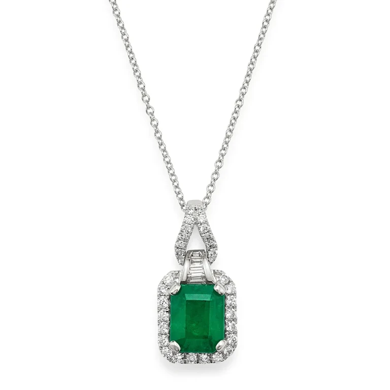 Emerald & Diamond Pendant Necklace in 14K White Gold, 18