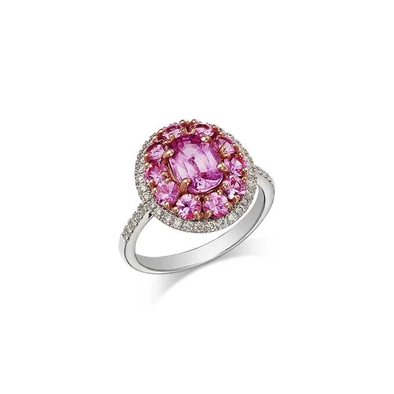 Pink Sapphire & Diamond Halo Ring in 14K Rose & White Gold