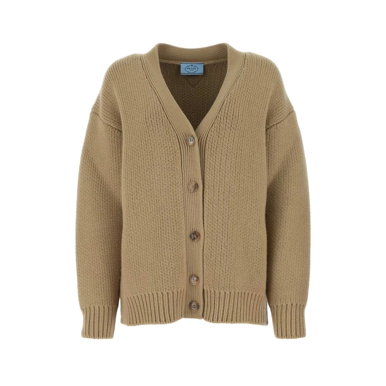 Prada Cappuccino Wool Blend Oversize Cardigan Cammello Maglieria - Women