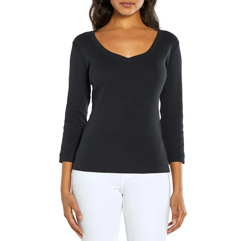 Three Dots Cotton V Neck Three Quarter Sleeve Tee