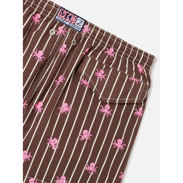 Mc2 Saint Barth Jean Lighting Stretch Swim Shorts Striped With All-Over Octopus Print Brown Swimshort