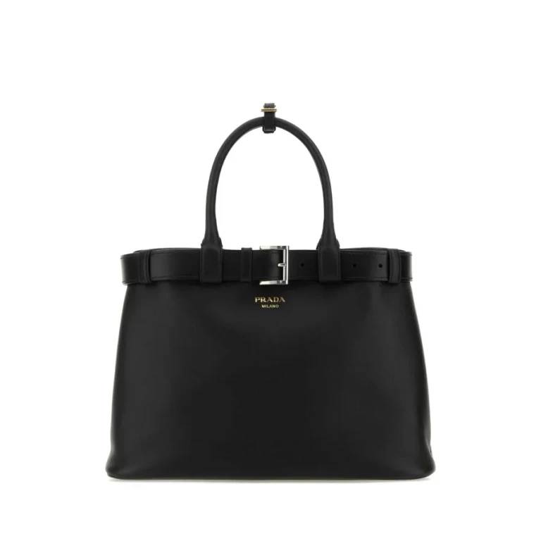 Black Leather Prada Buckle Large Handbag