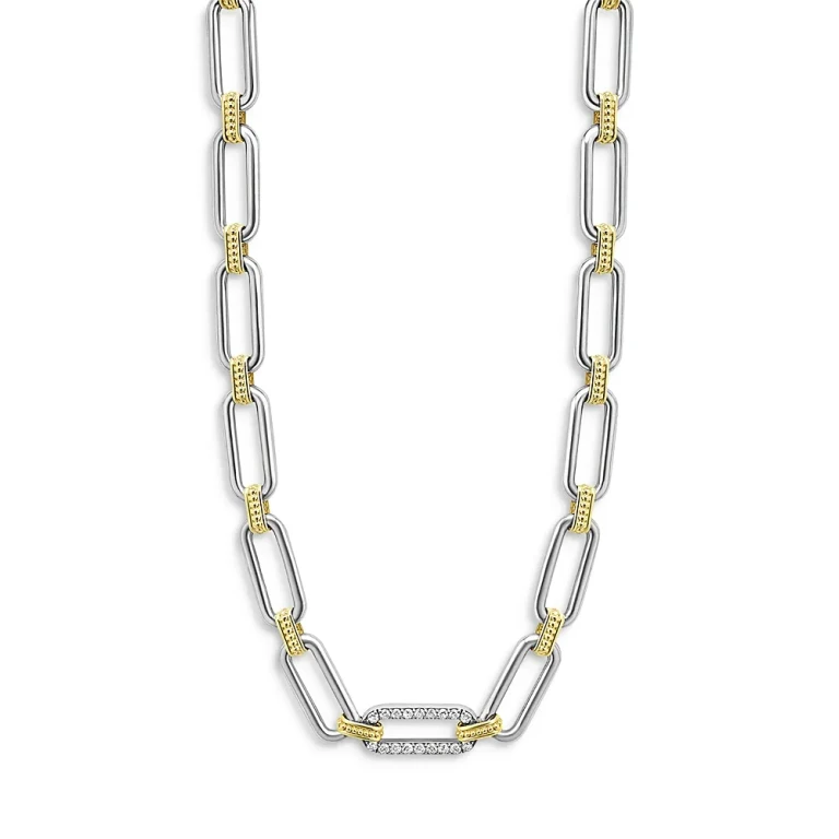 Lagos 18K Yellow Gold & Sterling Silver Signature Caviar Diamond Station Link Collar Necklace, 18