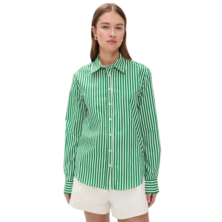 perfectwhitetee Gisele Cotton Poplin Slim Fit Button Down Grass Stripe XL
