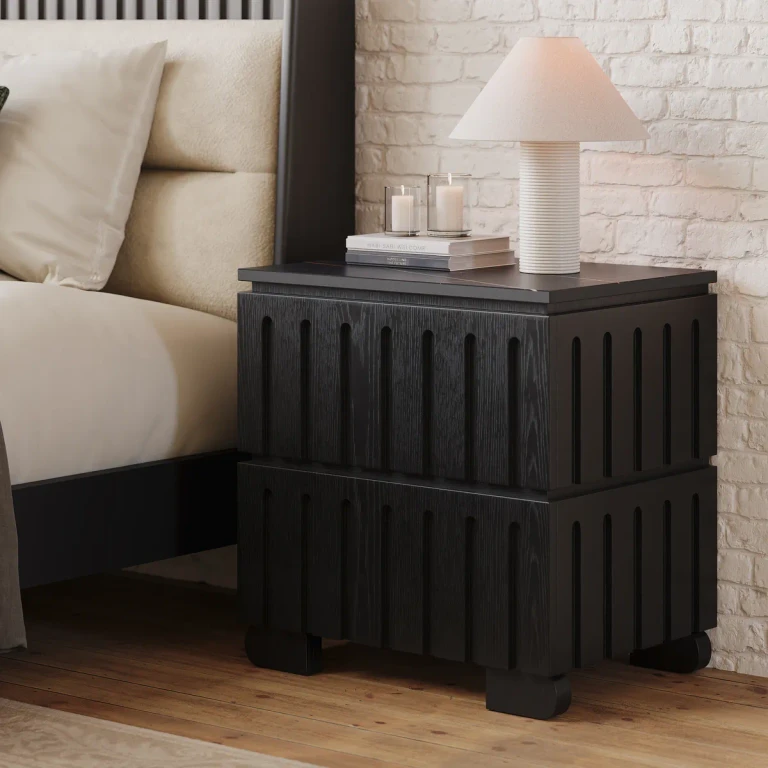 Ash Wood 2-Drawer Nightstand with Faux Travertine Top