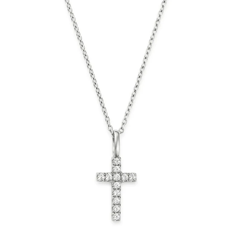 Micro-Pave Diamond Mini Cross Necklace in 14K White Gold, 0.08 tcw
