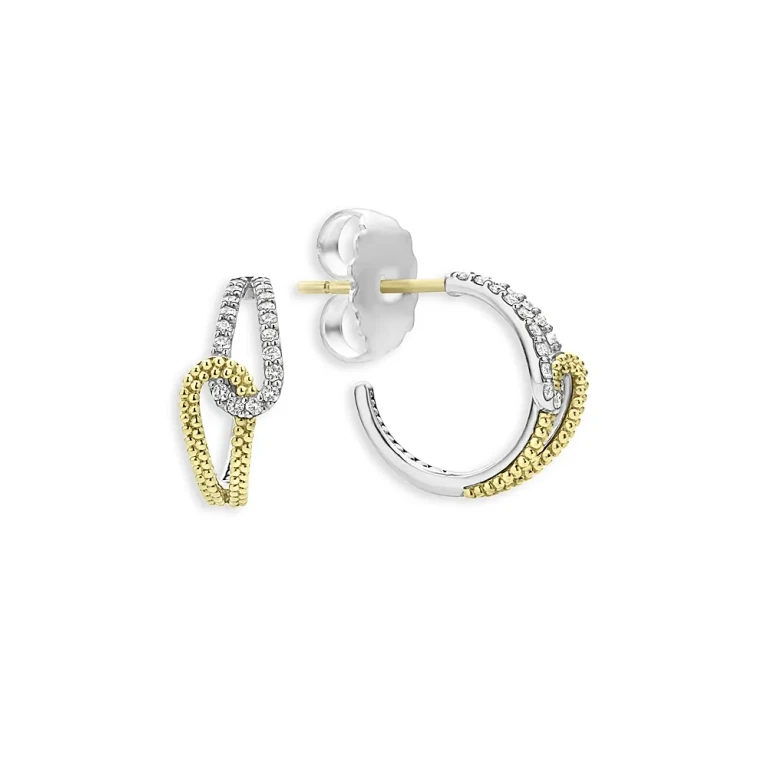 Lagos 18K Yellow Gold & Sterling Silver Caviar Lux-Clip Diamond Loop Huggie Hoop Earrings - Exclusive