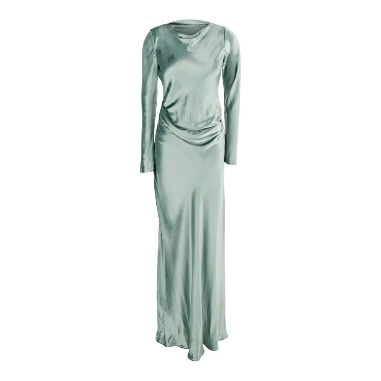 Alberta Ferretti Green Long Dress With Draped Details And Long Sleeves In Glossy Satin Woman