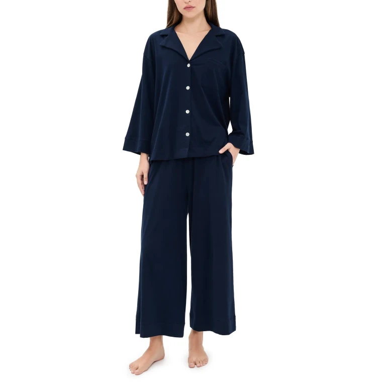 Petite Plume Pima Cotton Navy Wide Leg Pajama Set Navy XL