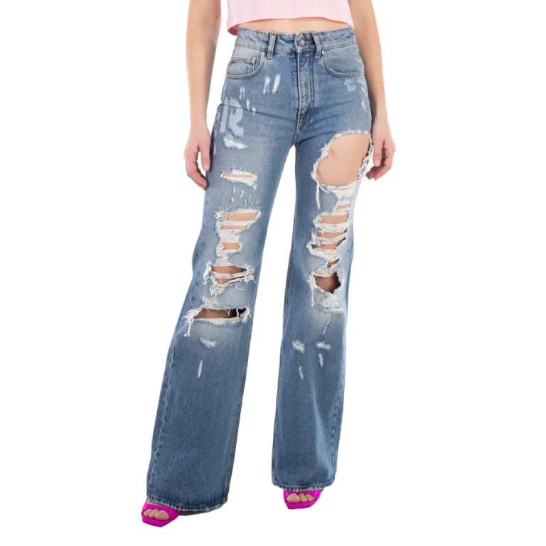 Rabanne Ladies Blue Ripped-Detailing Cotton Wide-Leg Jeans