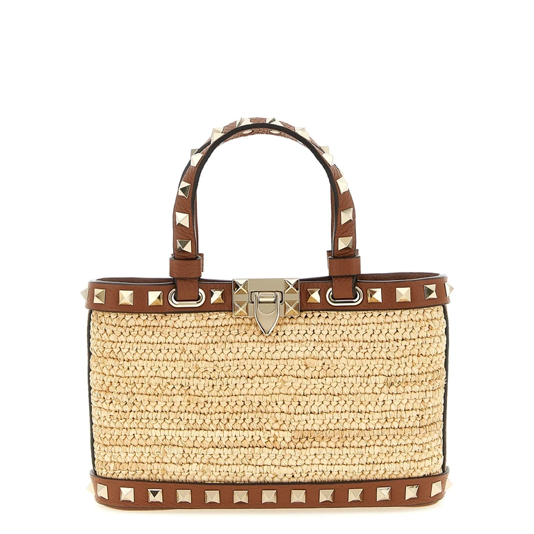 Valentino Garavani Rockstud mini shopping bag Beige Straw Tote - Women
