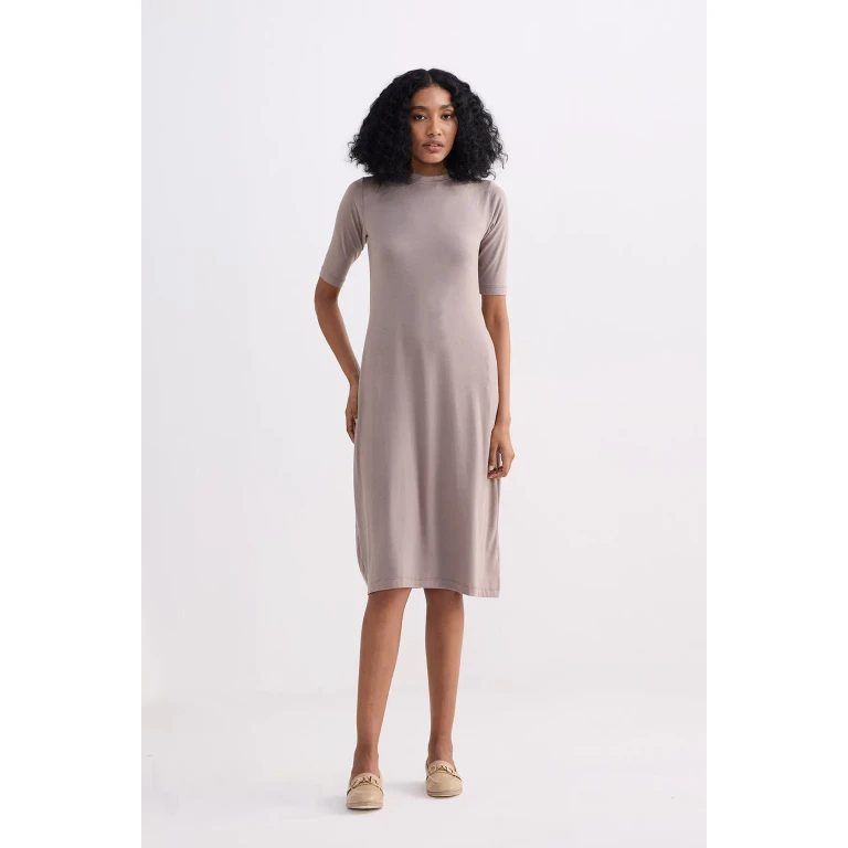 High Crew Neck Elbow Sleeves Fitted Dress in Earth Grey