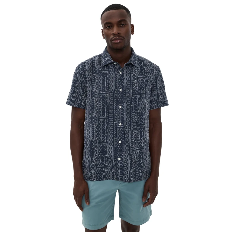 Billy Reid Short Sleeve Geo Stitch Shirt Carbon Blue M