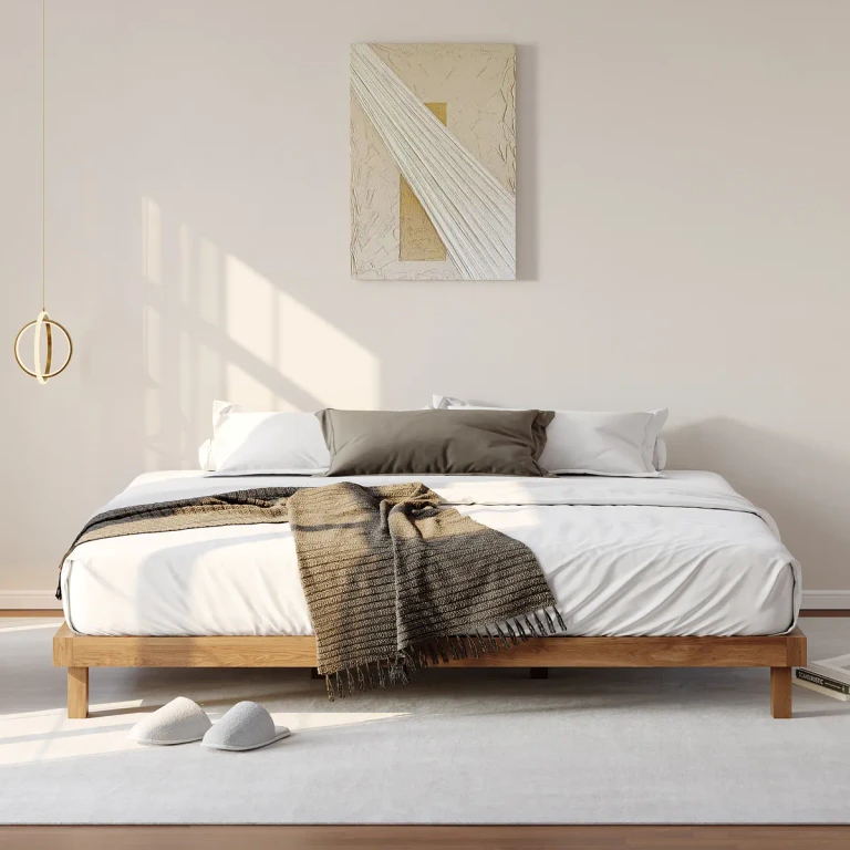 King Size Bedroom Set Wood Bed Frame with Floating Smart Nightstands with Light & Pillow Headboard