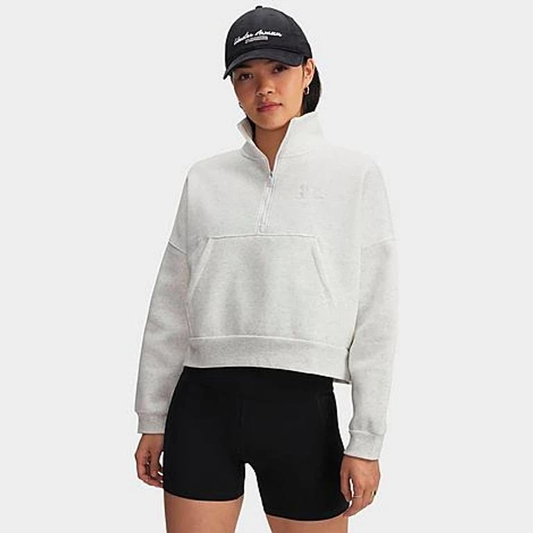Under Armour Women's Icon Fleece Oversized Half-Zip Sweatshirt in Distant Grey Medium Heather/White Size: XS