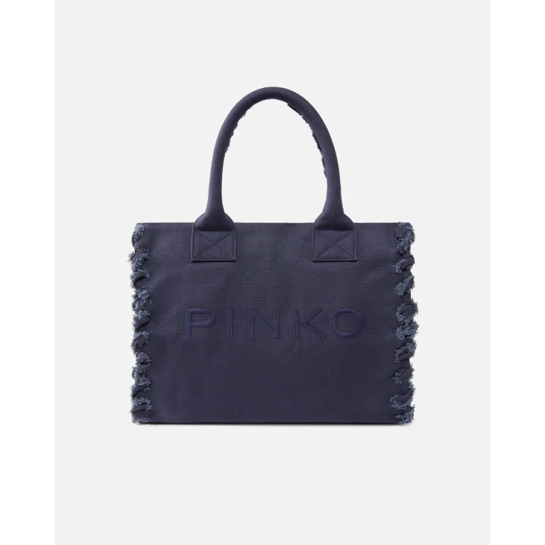 Pinko - Cabas moyen Beach en canvas à logo et franges