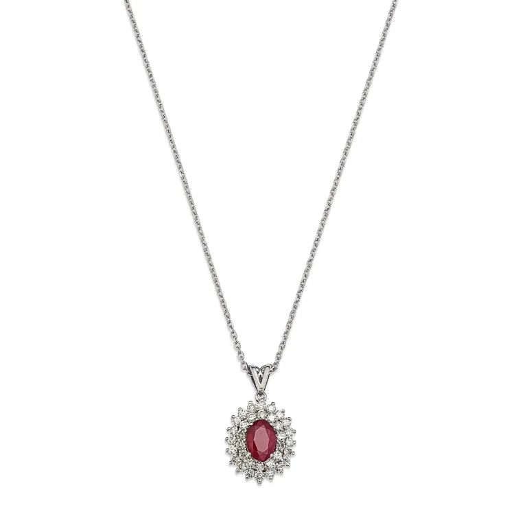 Ruby & Diamond Halo Pendant Necklace in 14K White Gold, 16