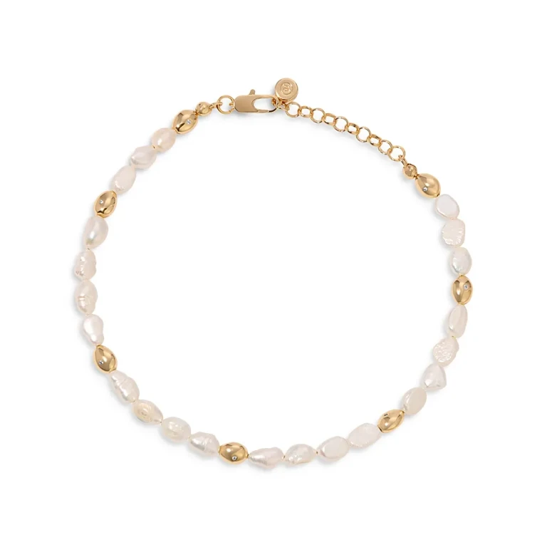 Ettika Pave & Cultured Freshwater Pearl Polished Pebble Beaded Ankle Bracelet in 18K Gold Plated