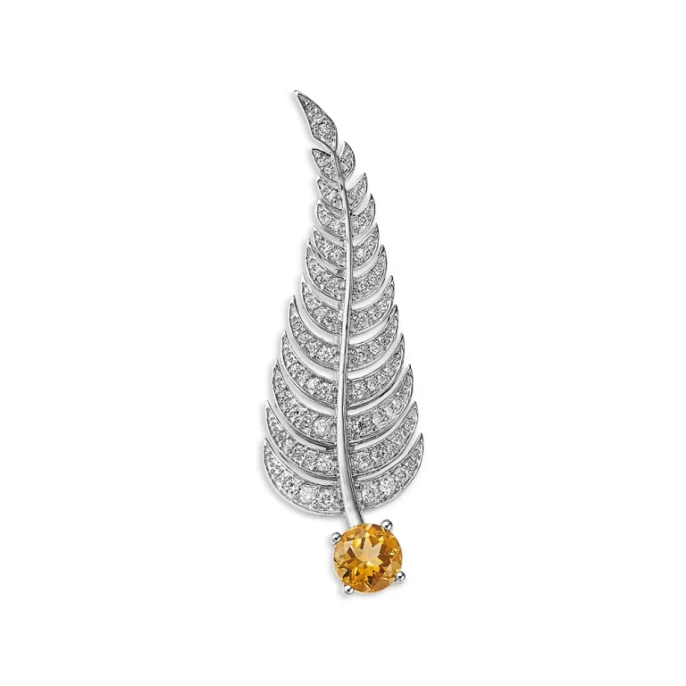 Citrine & Diamond Feather Pin in 14K White Gold