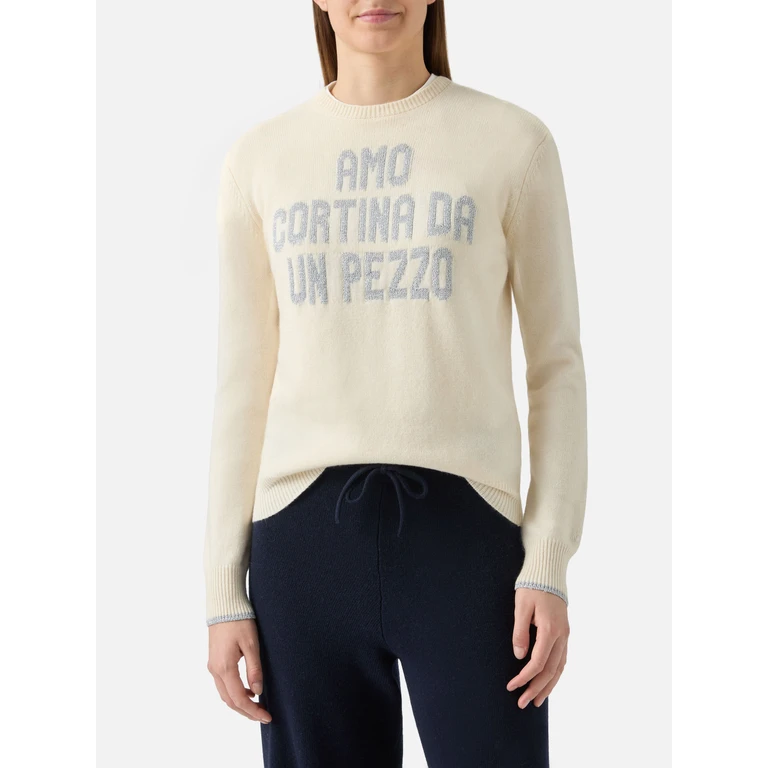 Mc2 Saint Barth New Queen Crewneck White With Amo Cortina Da Un Pezzo Lurex Jacquard - Women