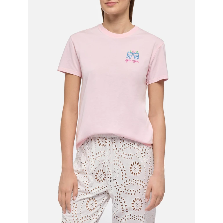 Mc2 Saint Barth Emilie Cotton T-Shirt With Gin Embroidery Insulti Luminosi Special Edition Pink - Women