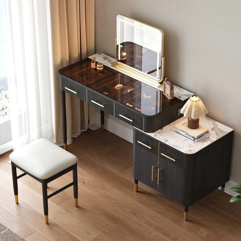 Walnut Makeup Vanity Set with Lighted Mirror & Stool Mid Century Modern Dressing Table with Glass Top