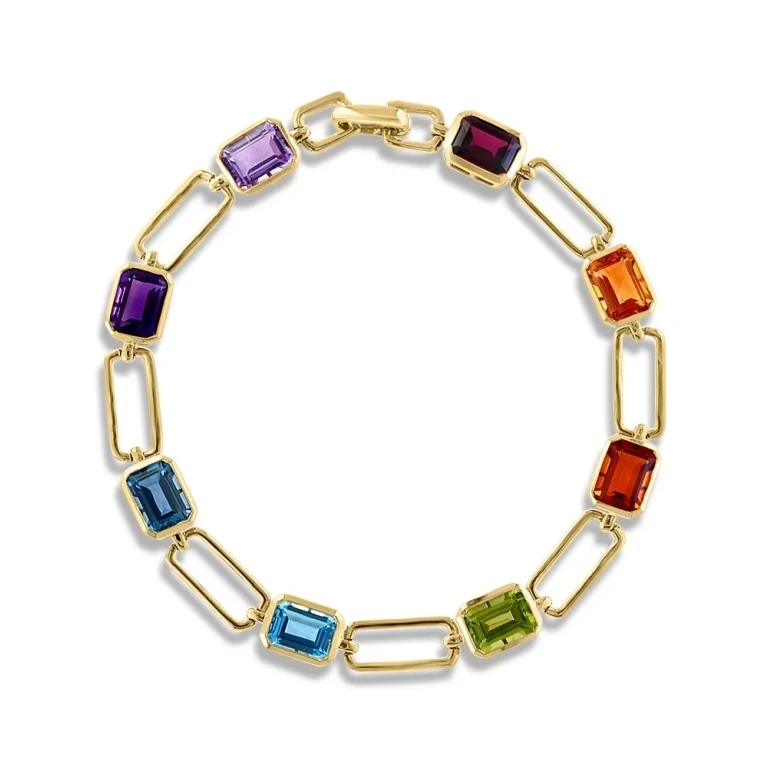 Multi Gemstone Paperclip Link Chain Bracelet in 14K Yellow Gold