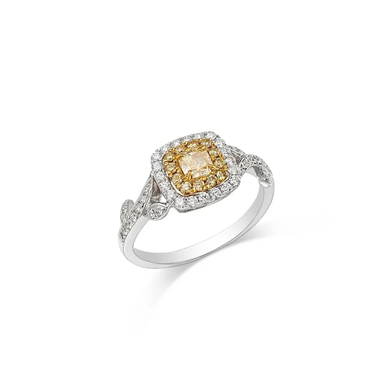 White & Yellow Cushion & Round Halo Ring in 14K Yellow & White Gold, 0.79 tcw
